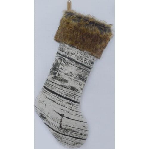 Free Shipping Printed Canvas socks with Faux Fur Cuff Christmas Stocking Christmas tree Decoration
