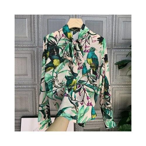Summer New Fashion 2020 100% Silk Fashion Bow Flower Print Shirt Long sleeve elegant Blouses 3XL