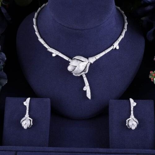 Jankelly Bamboo Knot Rose Flower Luxury Women Nigerian Wedding Naija Bride Cubic Zirconia Necklace Dubai 2PCS Jewelry Set