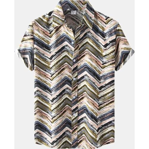 2021 Shirts For Mens Casual Stripe Print Holiday Beach Shirt Summer Short Sleeve Button Turn-Down Collar Shirt Camisa Masculina