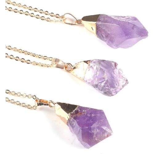 Natural Amethysts Stone Pendant Necklace Jewelry Irregular Crystal Pendant Necklace Alloy Metal Chain Gift for Women