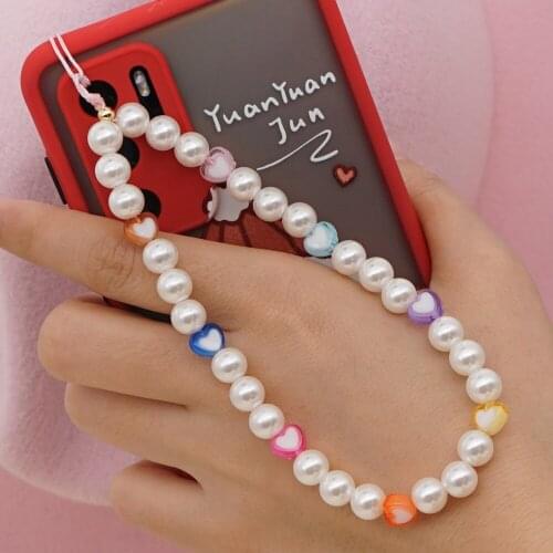 2021 New Imitation Pearl Wrist Strap Phone Chain Hang Rope Charm Mobile Phone Beads Wristband Lanyard Card Keychian Strap