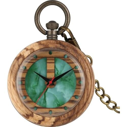 Charming Wooden Quartz Pocket Watch Nice Green Marbling Pattern Dial Pocket Watches for Men Light Brown Wooden Case Pendant