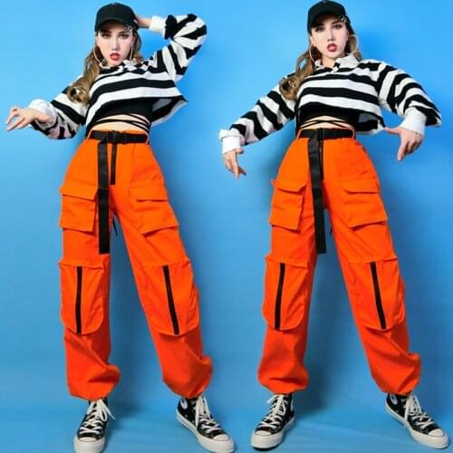 Hip Hop Dance Clothing Adult Striped Top Zip Pocket Cargo Pants Set Women Jazz Gogo Costumes Stage Performance Clothing SL5177