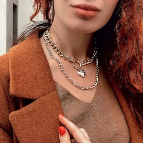 Punk Metal Heart Choker Necklace For Women Fashion Big Thick Chain Double layer Round Pendant Necklace Gothic Jewelry