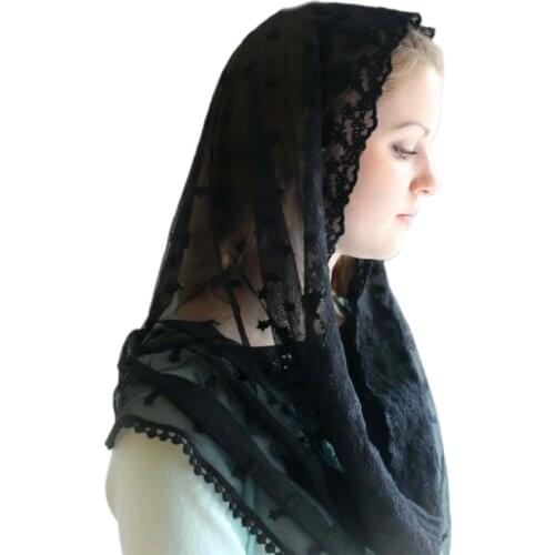 X7YC Muslim Infinity Floral Lace Veil Scarf Wedding Bride Chapel Head Covering Wrap Style Latin Mass Mantilla Catholic Hijab