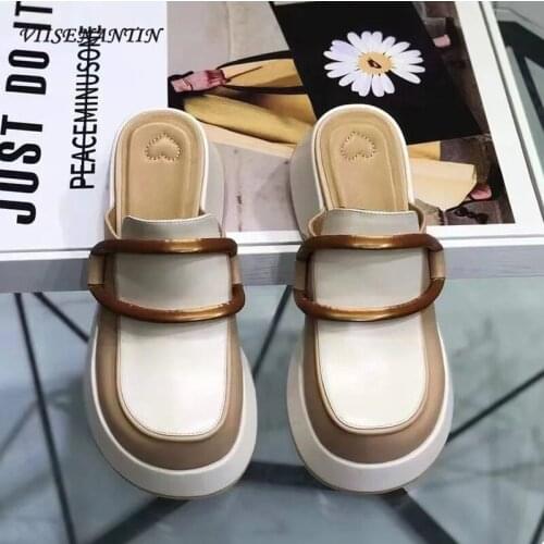 Retro Thick-soled Genuine Leather Casual Lazy Muller Shoes 2021 Spring and Summer New Increased All-match Half Slippers Women