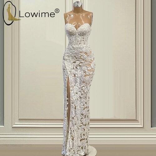 Luxury Heavy Pearls Mermaid Evening Dresses 2021 Sweetheart Neck Sexy Illusion Split Evening Gowns Long Formal Prom Party Dress