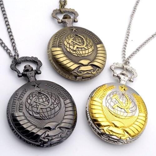 DHL Free Shipping 50pcs/lot Vintage Sickle Hammer Pockt Watch with Chain Christmas Gift Watches Wholesale