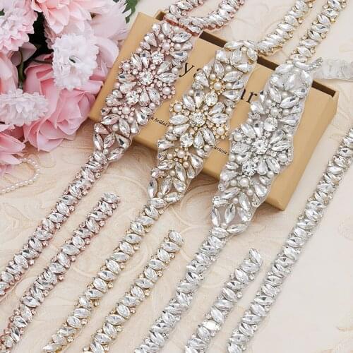 YANSTAR 30PCS Wholesale Full Length Rose Gold Crystal Rhinestones Appliques For Wedding Dresses Belt DIY Bridal Sash YS858