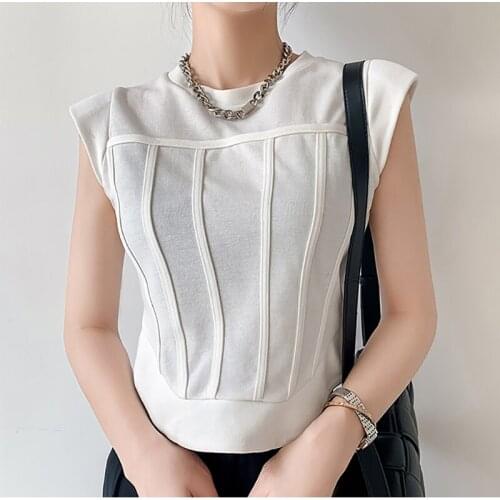 White Black Sleeveless Shoulder Pads T Shirt Women 2021 Cotton O-neck Soild Patchwork Casual Korean Fashion Summer Jumper Tops