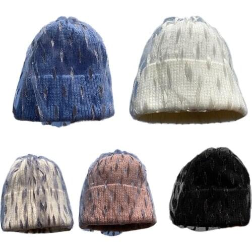 Women Winter Warm Knitted Beanie Hat Double Layer Leaves Mesh Veil Harajuku Acrylic Stretch Casual Cuffed Skullies Cap