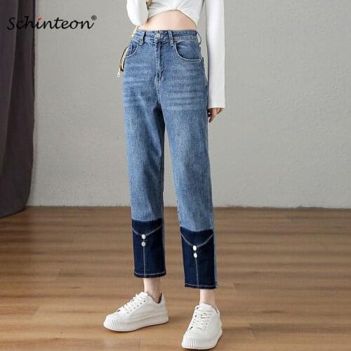 Schinteon Women Denim Ankle-Length Pants Patchwork High Waist Loose Casual Trousers Size 38 40 For Spring Summer New
