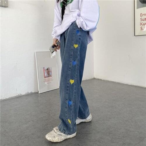 Women Jeans Fashion Heart Embroidery Elastic High Waist Wide Leg Pants Harajuku Denim Pants For Women Straight Jeans