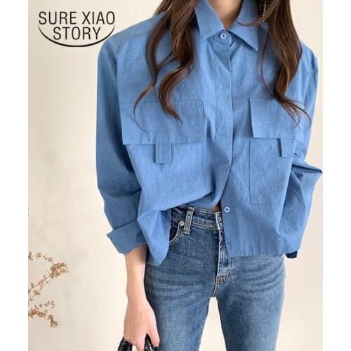 Women Simply Solid Double Pockets Patch Casual Loose Blue White Blouse Shirts Women Chic Elegant Office Tops Blusas Mujer 12407