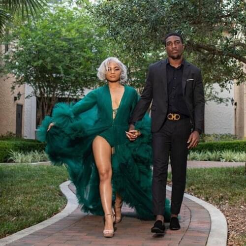 Fashion Dark Green See Thru Long Tulle Robe For Women Puffy Tiered Ruffles Women Dresses Full Sleeves Vestido De Mulher