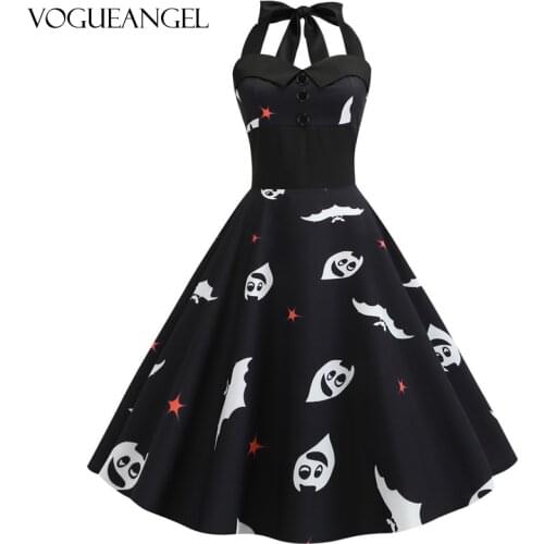 Halloween Sexy Halter Party Dress Retro Printed Hepburn 50s 60s Pin Up Rockabilly Dresses Robe Plus Size Elegant Midi Dress