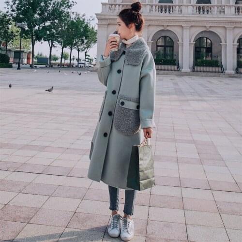 2020 Winter Long Splic Lamb Fur Collar Womens Woolen Coat Casual Thicken Warm High-quality Wool Blend Jacket Mujer Parkas M453