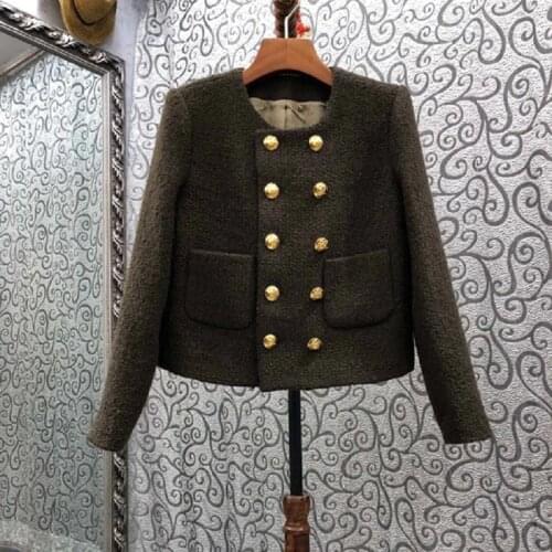 Top Quality Wool Jackets 2021 Autumn Winter Wool Blend Women Pocket Patchwork Long Sleeve Casual Army Green Wool Cotton Coats