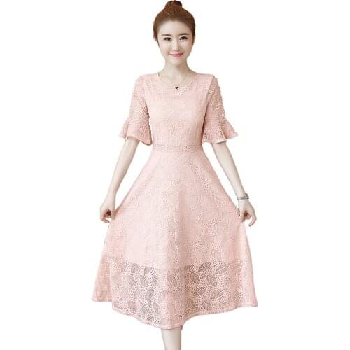 Women Dress Vintage Slim Hollow Out Solid Dresses Female Elegant O-Neck A-Line Bell sleeve Lace Party Long Dress Vestidos 2019