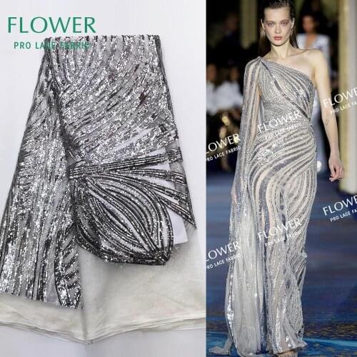 2019 Unique Design Sequined Embroidered Mesh Tulle Lace Fabrics African French Sequins Wedding Bride Dresses Material Prom Laces