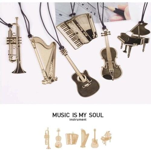 3pcs Exquisite Musical Instrument Metallic Gold Plated Lanyard Creative Bookmarks Art Music Bookmarks 6 Selection