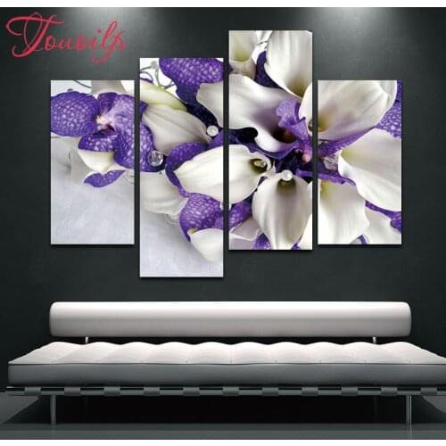 4 pcs/set,Bunch Of Flowers In White And Dark Purple 5d Diamond Painting Cross Stitch,5D Diamond Embroidery Mosaic stickers home