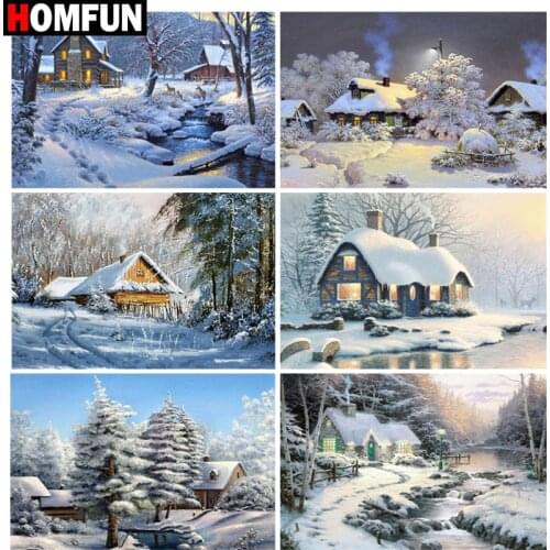 HOMFUN Full Square/Round Drill 5D DIY Diamond Painting "House snow scene" Embroidery Cross Stitch 5D Home Decor Gift
