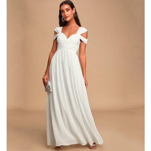 Off the shoulder White Chiffon Long Dress Folds Pleated Backless A Line Summer Vintage Maxi Gown