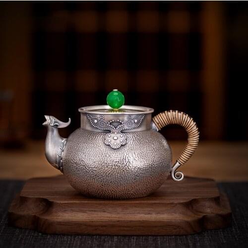 Ag999 Sterling Silver Teapot Agate Retro Kitchen Utensils Built-in Filter Handmade Coffee Tea Pot