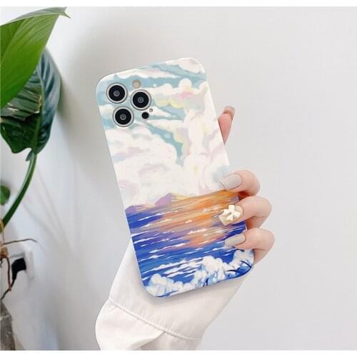 Retro Sea scenery sunset oil painting art Phone Case For iPhone 11 12 Pro Max Xs Max XR Xs 7 8 Plus X 7Plus case Cute Soft Cover