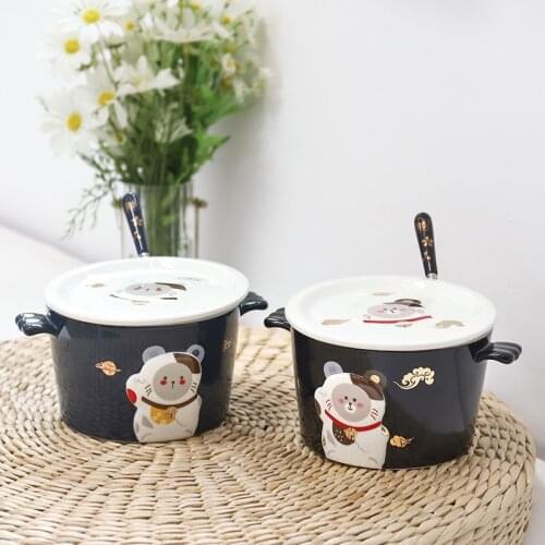 Instant Noodle Bowl 3d Relief Beckoning Cat Ceramic Student Home Rice Bowl Cartoon Cute With Fork Double Ear Anti-Scalding