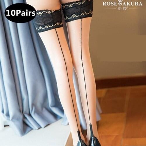 10Pairs 10D Womens Vintage Back Seam Anti-slip Silicone Stay Up Thigh-high Stockings Exquisite Lace Top Heel Shaped Stocking