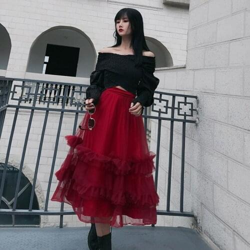 RED skirt 2020 Spring Fashion Elegant Womens Skirts High Waist Patchwork Mesh Loose Midi Ball Gown Skirt