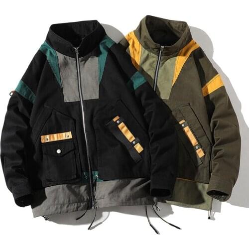 Spring Autumn Fashion Stand-Collar Loose Jacket Mens Multi-Pocket Casual Hip Hop Streetwear Splicing Cargo Coat Oversize Haraju