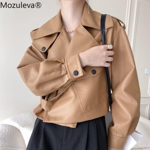 Mozuleva Autumn Retro Soft Faux Leather Pu Jacket Women Loose Punk Coat Female V Neck Moto Biker Street Overcoat