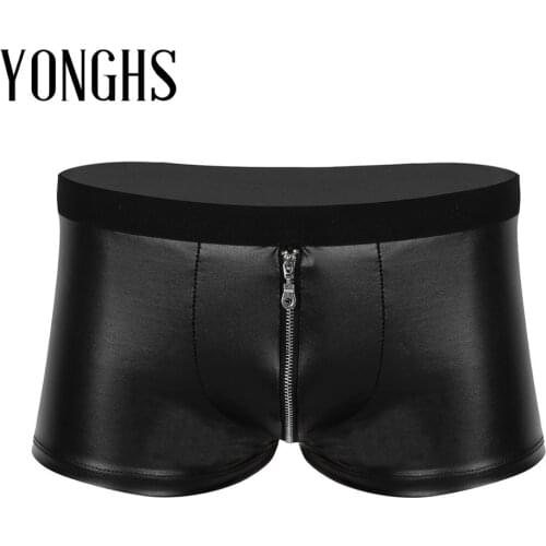 Mens Lingerie Latex Sex Underwear Wet Look Faux Leather Zipper Bulge Pouch Low Rise Boxer Briefs Shorts Gay Underwear Underpants