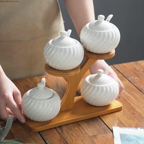 Kitchen Utensils Jar with Lid, Sugar Bowl, White Ceramic Seasoning Jar, Household Seasoning Box with Storage Rack, 4-piece set