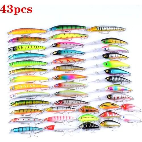 43Pcs/Set Mixed Fishing Lure Kits Crankbait Minnow Popper VIB Soft Lure Bass Baits wobbler Set Lifelike Fake Fishing Bait Tackle