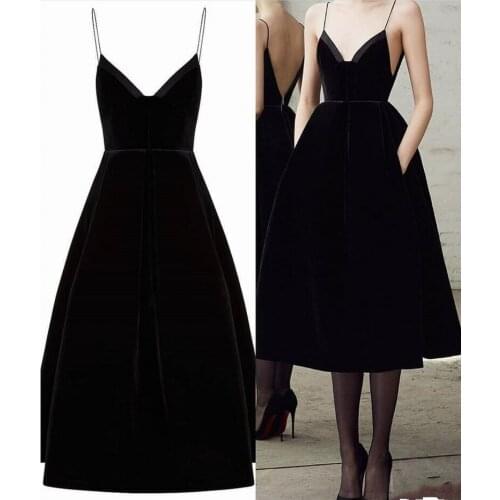 Simple Black Short Prom Dresses 2021 V Neck Spaghetti Straps Tea Length Sexy Graduation Party Dress with Pockets Vestidos