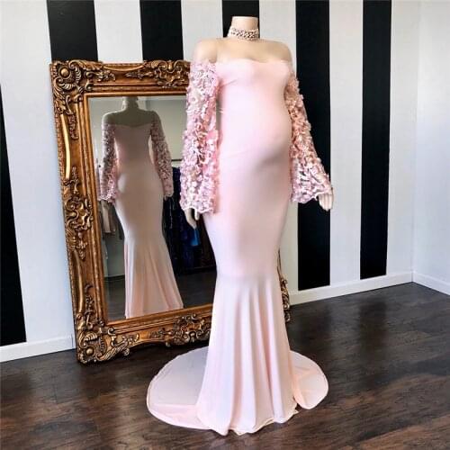 Pink Mermaid Stretchy Pregnant Prom Dresses With Sheer Long Sleeve Off Shoulder Robe De Soiree Formal Backless Maternity Dress