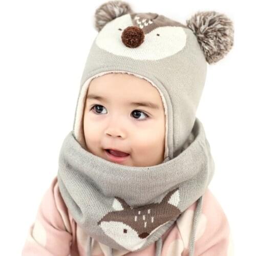 Lemonkid 3Pcs/Lot Baby Winter Hat Scarf Baby Cartoon Fox Cap Children Warm Scarf For Boys Suit Beanie Velvet Hat Gloves For Girl