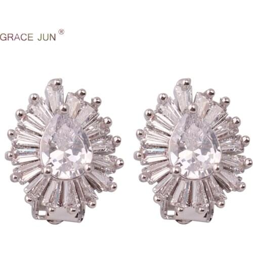GRACE JUN New AAA Cubic Zircon Tear Drop Clip on Earrings No Pierced for Women Luxury Fashion Hypo-Allergenic Cuff Earrings