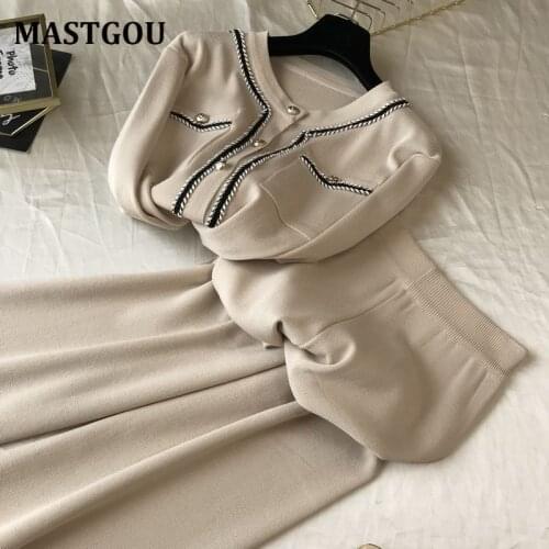 MASTGOU Two Pieces Women Cardigan Tracksuits Striped O Neck Women Cardigan Sweater + Wide Leg Straight Pants Suits 2 Piece Sets