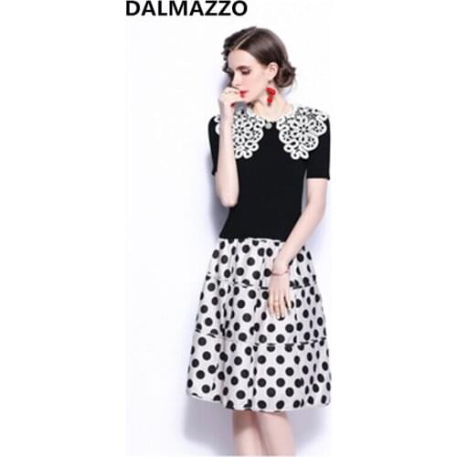 Womens Summer Skirt Suits Clothes Beaded Lace Peter Pan Collar Knit Pullovers Tops + Knee Length Skirts 2 Pieces Sets Femme XL