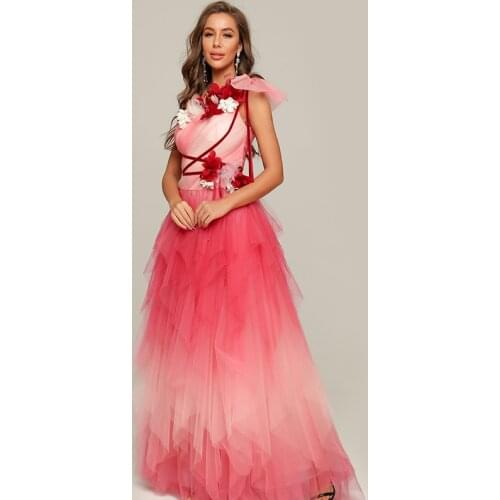Sexy Marchesa one shoulder pink with colorful flowers ball gown long Dresses Party Evening Gauze Dresses woman party night new