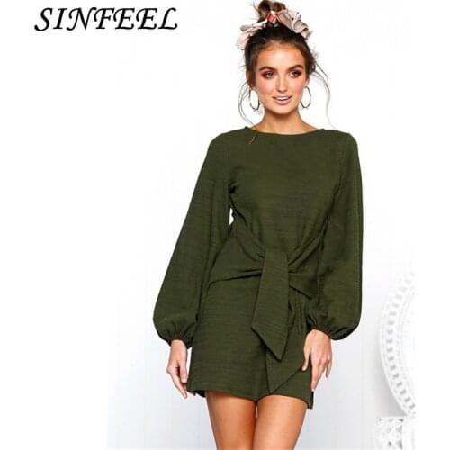 Women Autumn O-Neck Dress 2019 Spring Womens Elegant Vintage Bandage Mini Dresses Casual Loose Puff Sleeve Dresses Vestidos