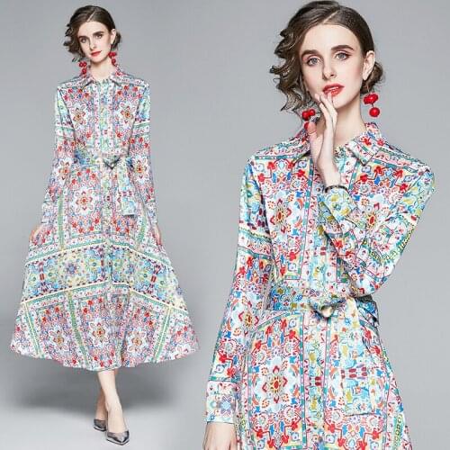 2020 Spring and Autumn New Printed Fashion Temperament Long-Sleeve French lacing Long Dress