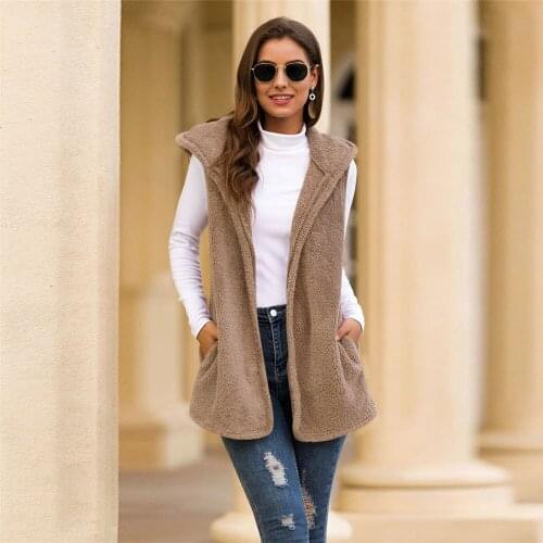 Winter Teddy Fleece Vest Hooded Sherpa Sweater Casual Warm Cardigan Plus Size 2XL Fluffy Vest Female Teddy Sweaters