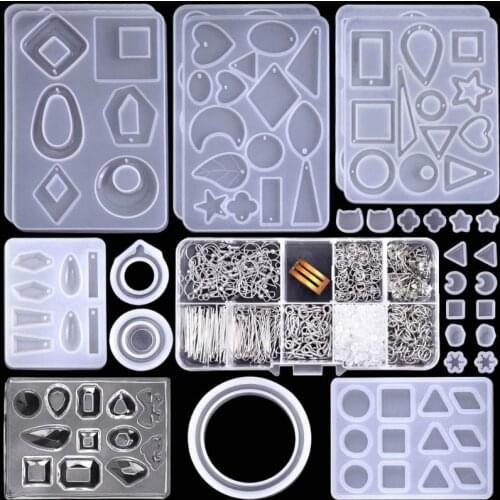 1 Set Crystal Epoxy Resin Mold Kit Earring Pendants Silicone Mould with Earring Hooks Jump Rings DIY Crafts Jewelry Making T84A